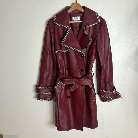 Vtg Spiegel Womens Houndstooth Trim Genuine Leather Overcoat size 12 Crimson - Picture 1 of 11